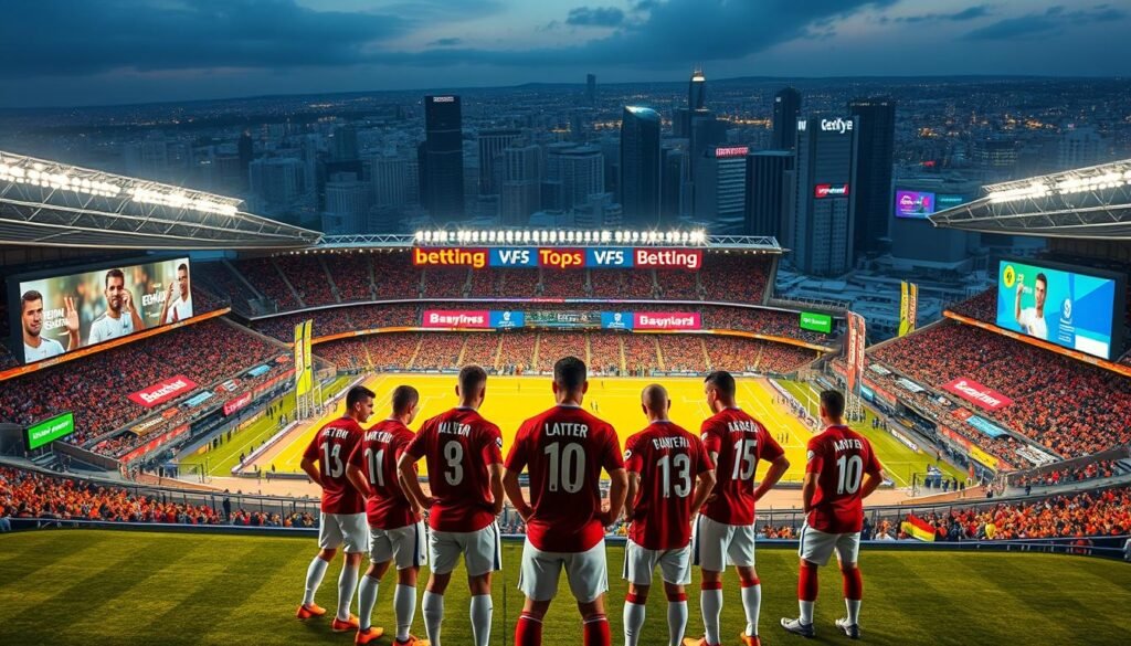A vibrant, high-resolution image showcasing the strategic partnerships between top football clubs and prominent betting companies. In the foreground, players in their team jerseys stand proudly on the pitch, surrounded by dynamic, colorful advertisements and branding from leading betting platforms. The middle ground features a panoramic view of the stadium, filled with energetic fans and the bright, eye-catching signage of the sponsoring betting houses. In the background, a cityscape of modern high-rises and bustling streets sets the scene, highlighting the integration of these commercial relationships within the broader urban landscape. The lighting is warm and natural, creating a sense of energy and excitement, while the composition emphasizes the scale and significance of these lucrative sponsorship deals.