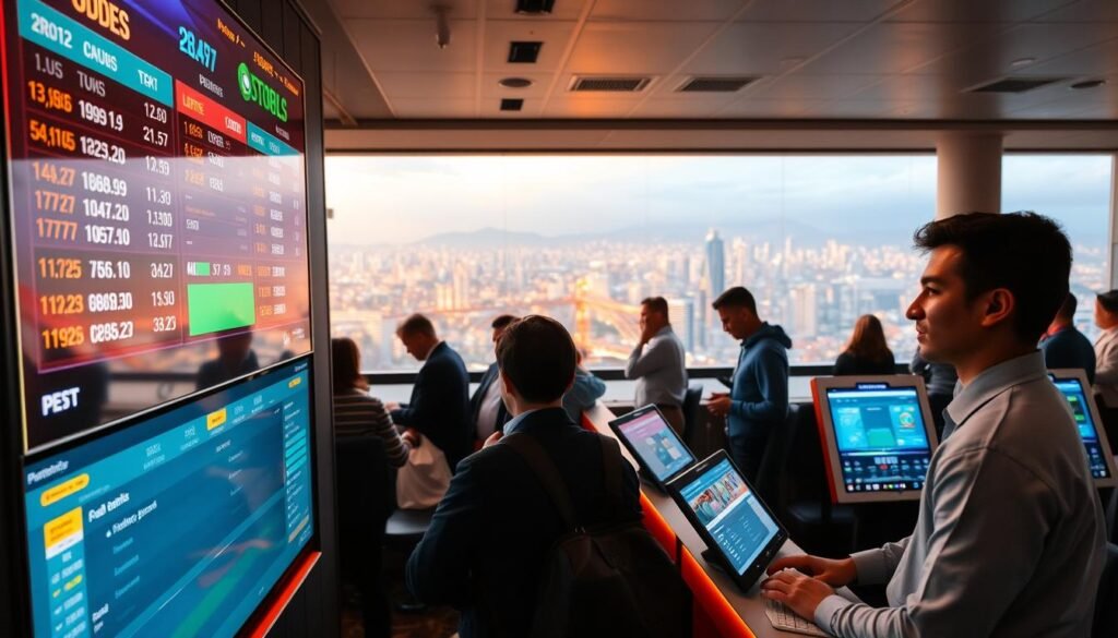 A vibrant sports betting scene with a modern, minimalist aesthetic. In the foreground, a digital display showcases live odds and game stats, bathed in a warm, futuristic glow. The middle ground features sleek betting terminals and attentive bettors, their faces illuminated by the screens. In the background, a panoramic view of a bustling cityscape, hinting at the regulated, integrated nature of the industry. The overall atmosphere is one of excitement, innovation, and a sense of the future of sports betting in Brazil.