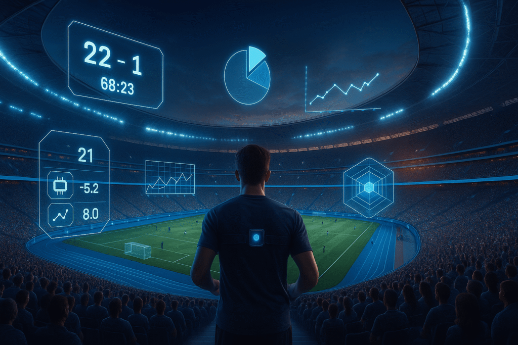 arena esportiva com tecnologia de realidade aumentada exibindo estatísticas em tempo real e elementos virtuais