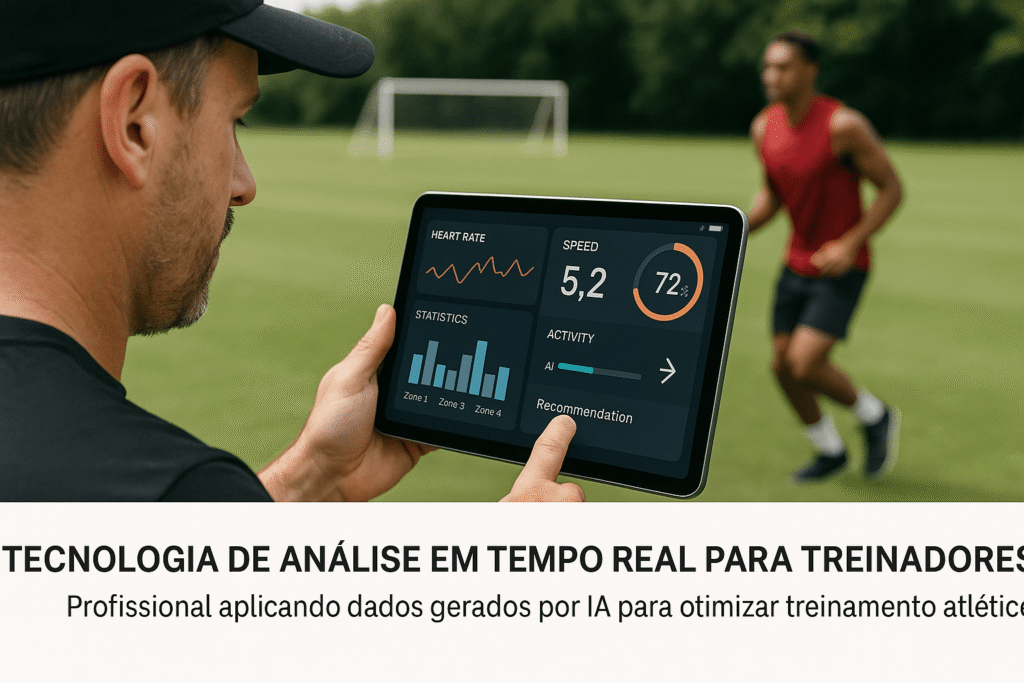 treinador esportivo utilizando dispositivo móvel com interface de análise de IA durante sessão de treinamento