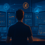 Negócios de Treinamento de Atletas com IA - Centro de Análise de Desempenho: escritório tecnológico com painéis de análise de desempenho atlético usando inteligência artificial para negócios de treinamento esportivo